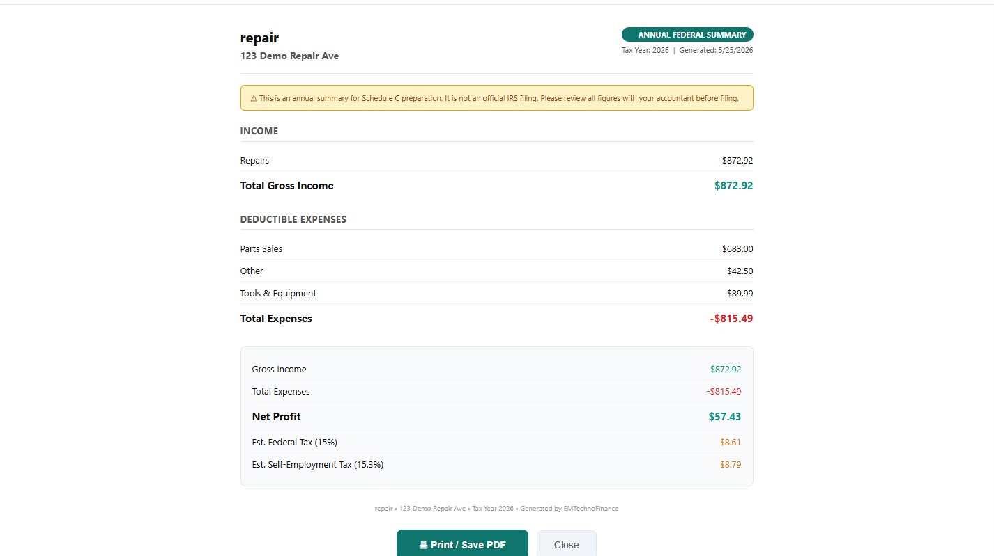 EMTechnoFinance Tax Reports